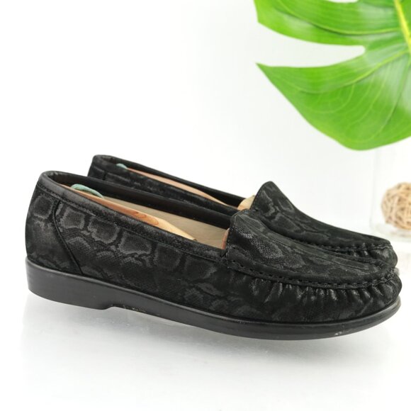 SAS Womens Simplify Loafers Size 8.5 M Black Leather Python Diabetic Flat Shoes - Picture 1 of 12